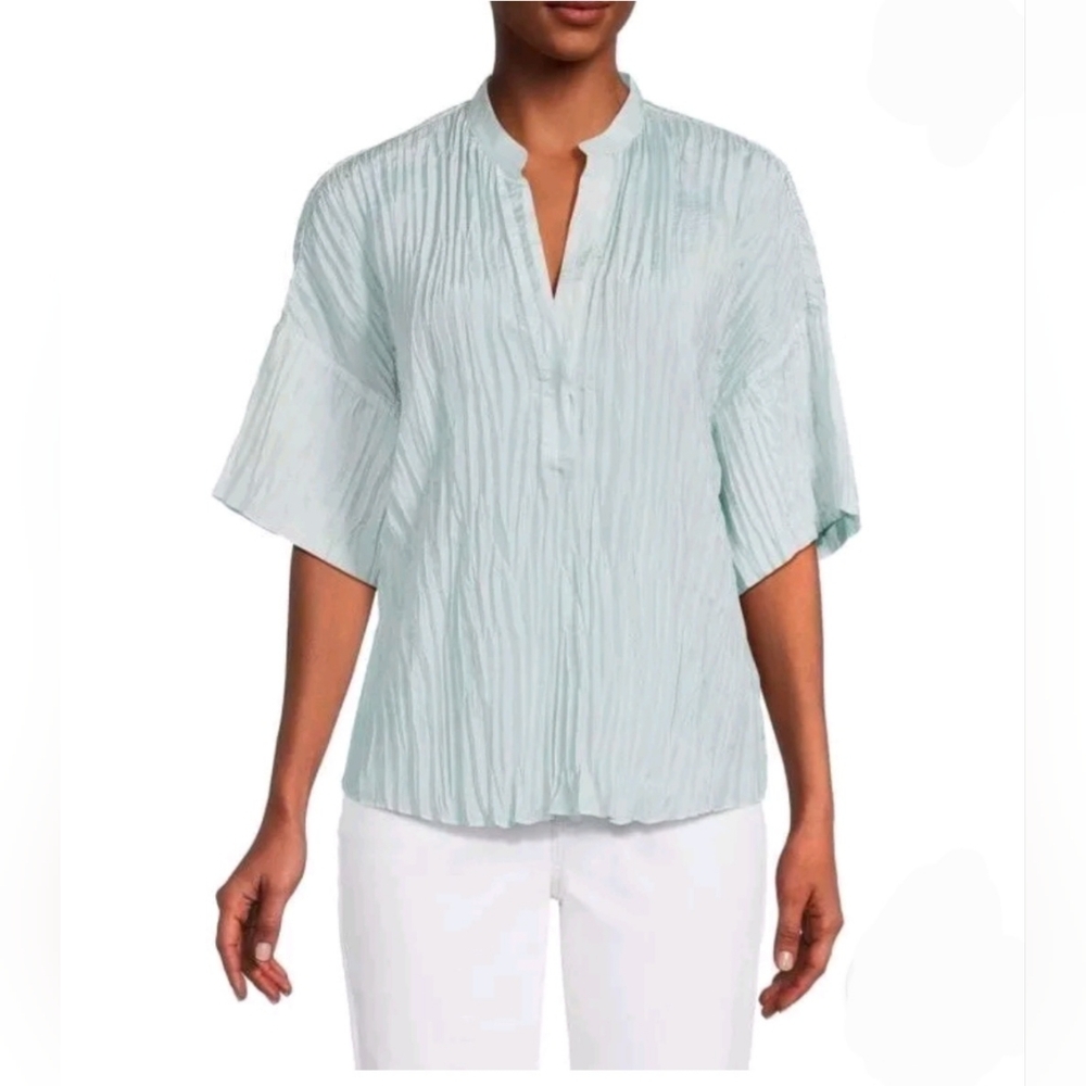 VINCE Blouse Shirt Blue Crushed Pleated Top 100% Silk Women Size M EXCELLENT